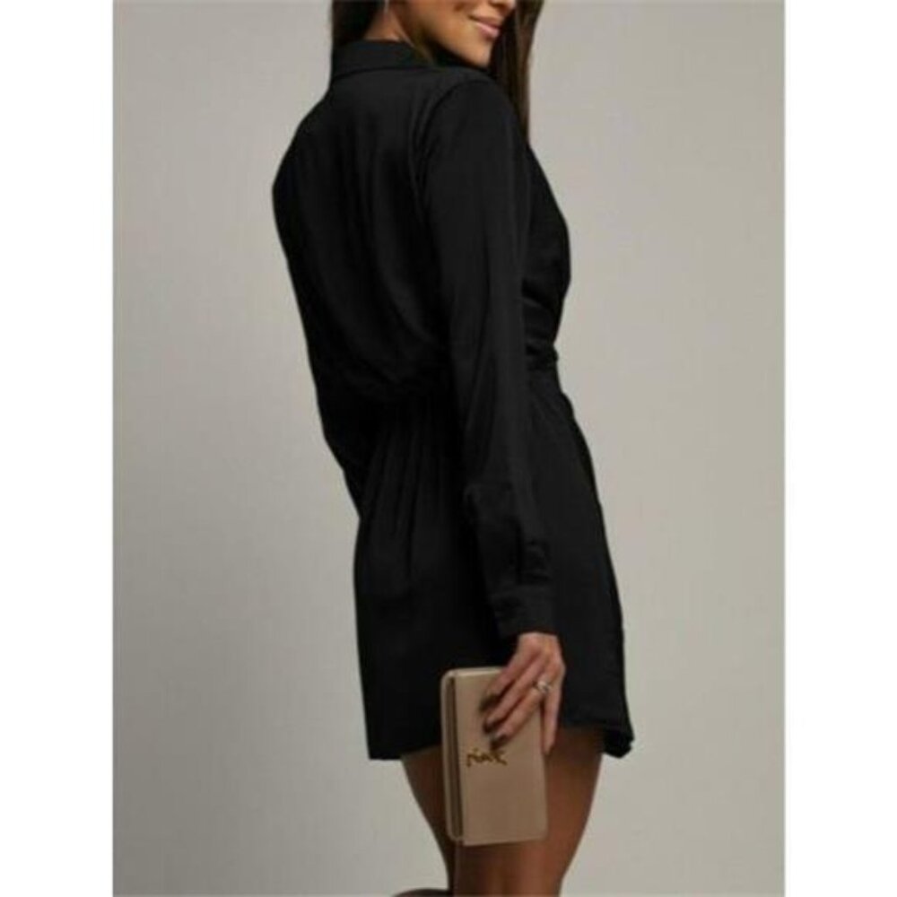 Collared Neck Long Sleeve Satin Dress - Picture 3 of 12